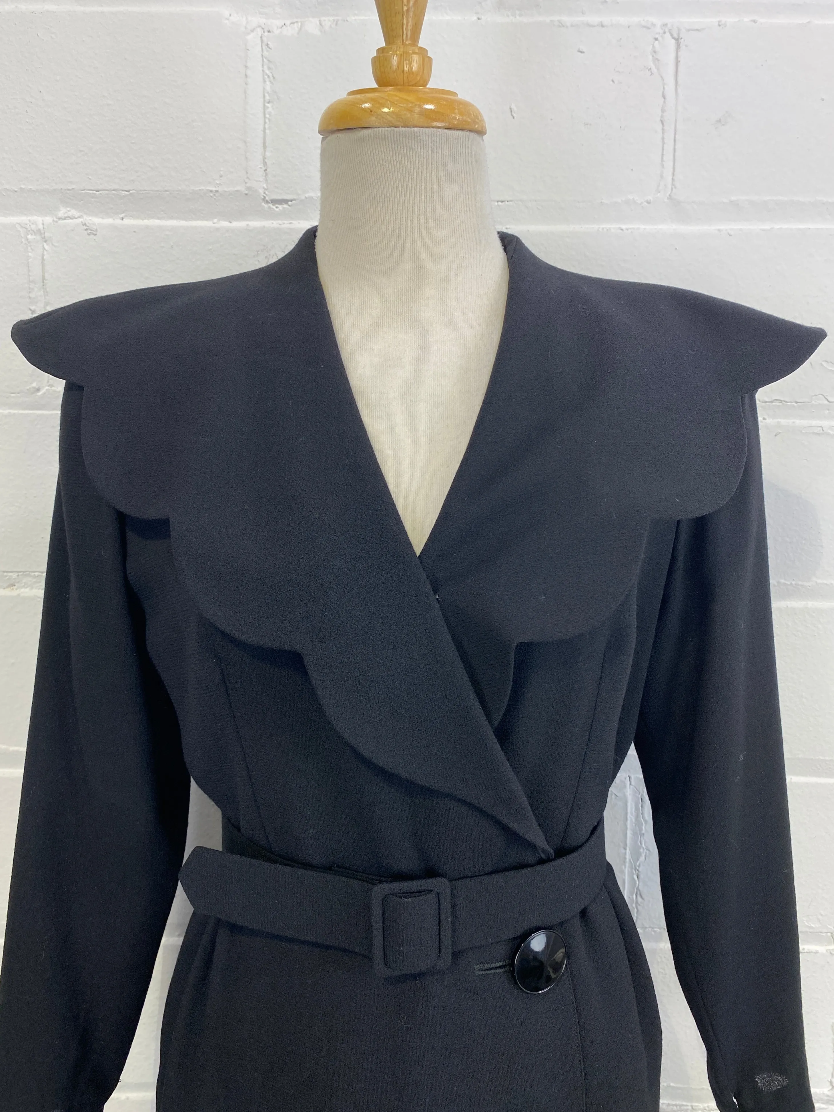 Vintage 1980s Guy Laroche Black Wool Crepe Coat Dress, Small