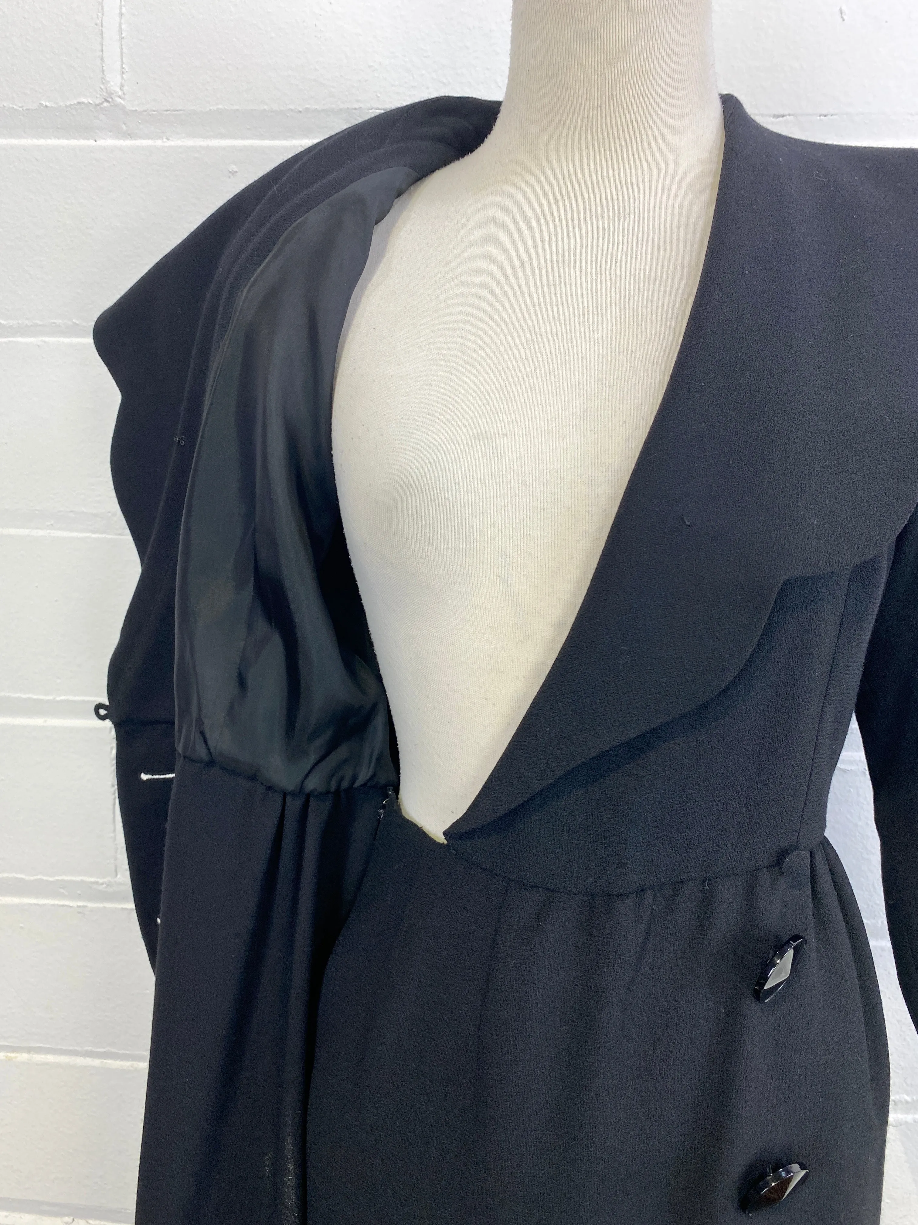 Vintage 1980s Guy Laroche Black Wool Crepe Coat Dress, Small