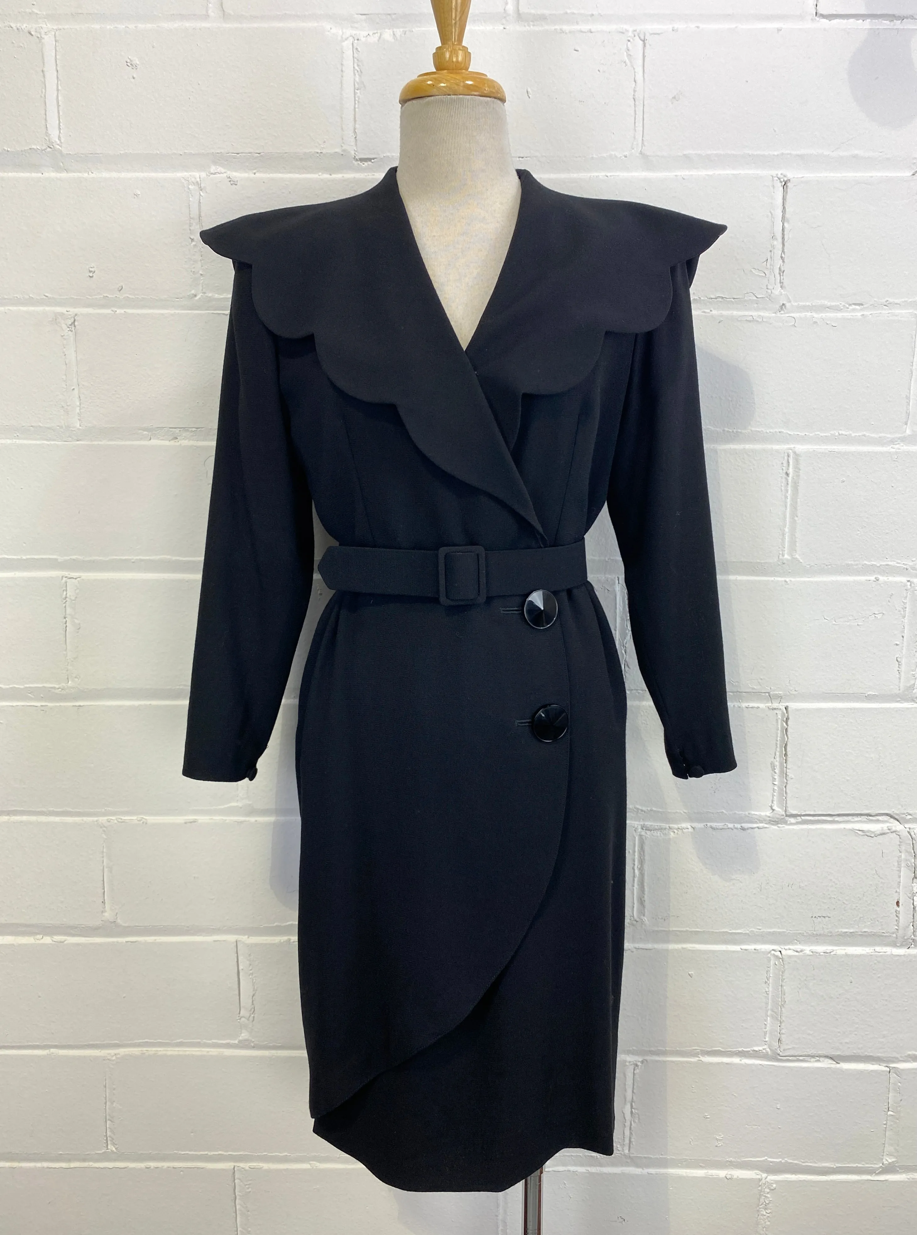 Vintage 1980s Guy Laroche Black Wool Crepe Coat Dress, Small