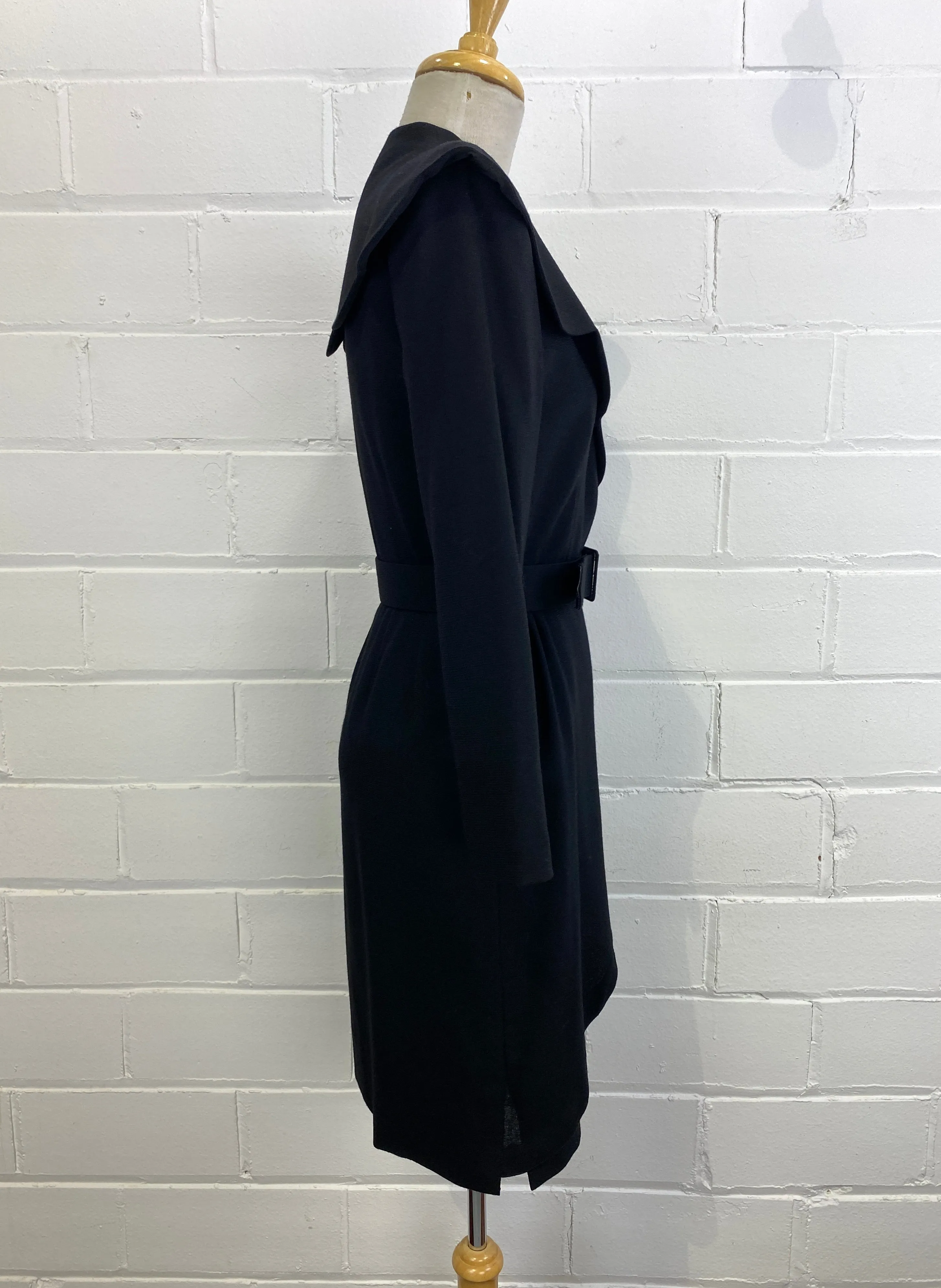 Vintage 1980s Guy Laroche Black Wool Crepe Coat Dress, Small
